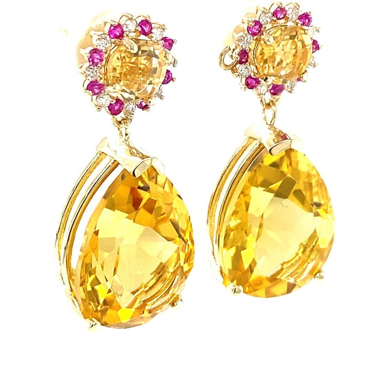 24.09 Carat Citrine, Pink Sapphire, Diamond 14 Karat Yellow Gold Earrings