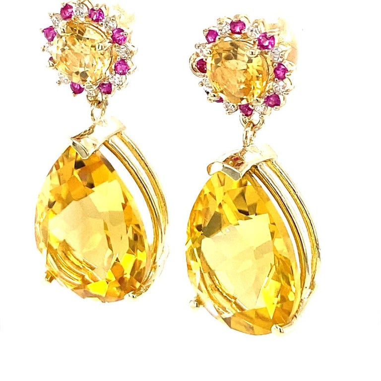 24.09 Carat Citrine, Pink Sapphire, Diamond 14 Karat Yellow Gold Earrings