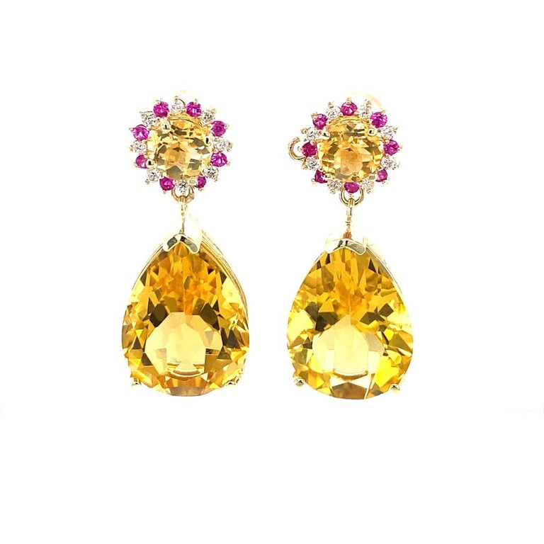 24.09 Carat Citrine, Pink Sapphire, Diamond 14 Karat Yellow Gold Earrings