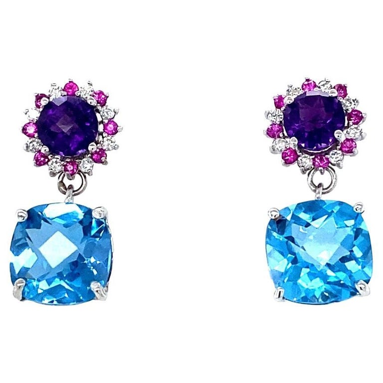 10.87 Ct Amethyst, Topaz, Sapphire 14 Karat White Gold Drop Earrings