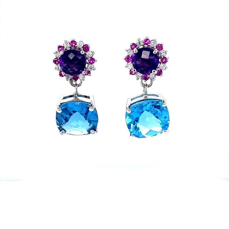 10.87 Ct Amethyst, Topaz, Sapphire 14 Karat White Gold Drop Earrings