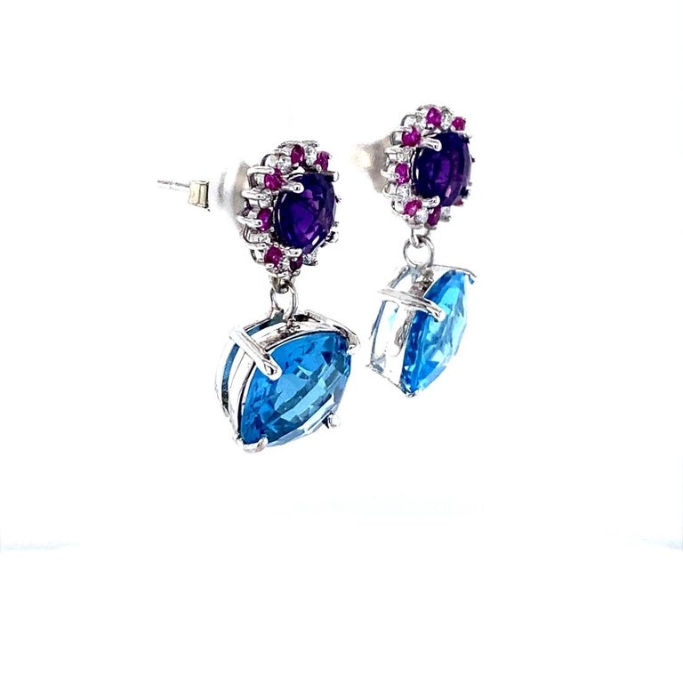 10.87 Ct Amethyst, Topaz, Sapphire 14 Karat White Gold Drop Earrings