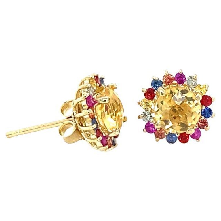 2.19 Ct Multi Color Sapphire, Citrine 14 Karat Yellow Gold Stud Earrings