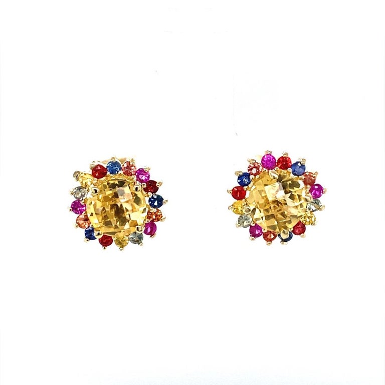 2.19 Ct Multi Color Sapphire, Citrine 14 Karat Yellow Gold Stud Earrings