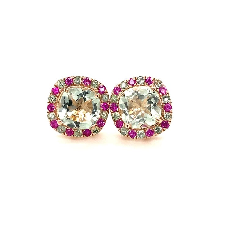 4.57 Ct Green Amethyst, Sapphire 14 Karat Rose Gold Stud Earrings