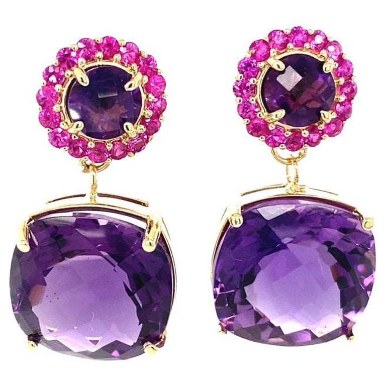 11.24 Ct Amethyst, Sapphire Yellow Gold Drop Earrings