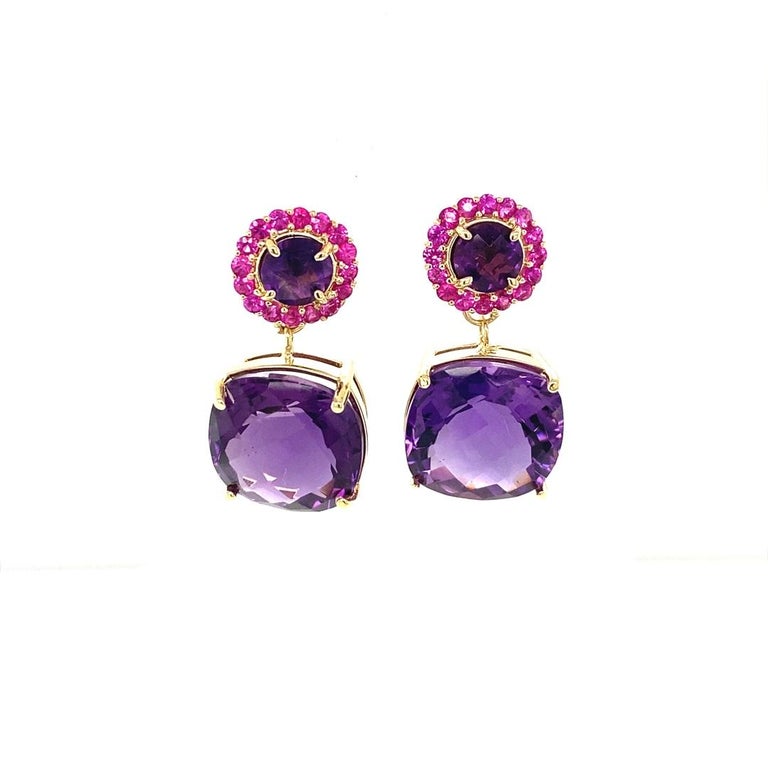 11.24 Ct Amethyst, Sapphire Yellow Gold Drop Earrings