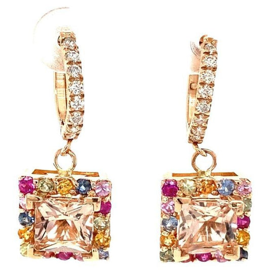 4.56 Ct Morganite, Diamond, Sapphire Rose Gold Earrings