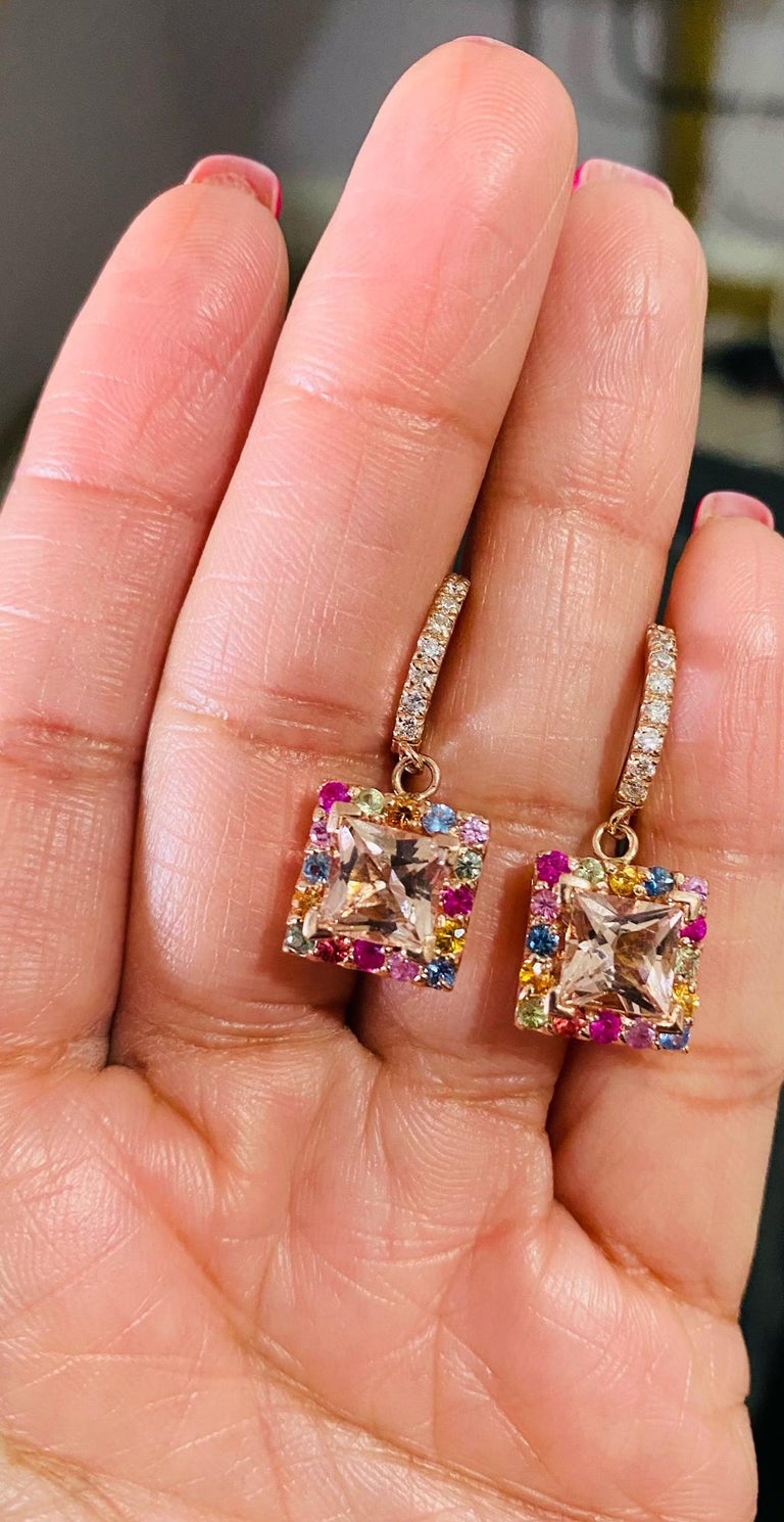 4.56 Ct Morganite, Diamond, Sapphire Rose Gold Earrings