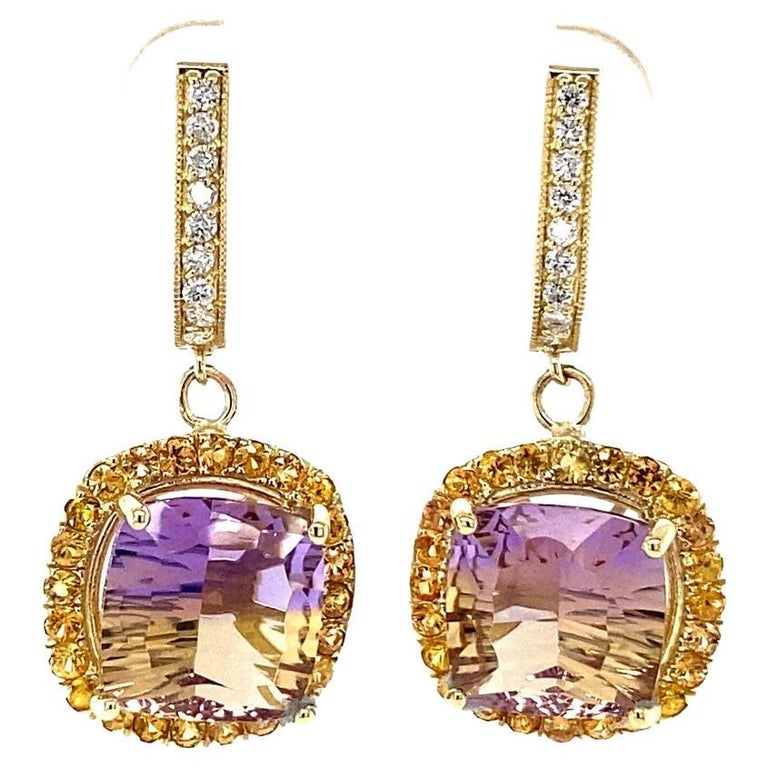 9.40 Ct Ametrine, Sapphire, Diamond 14 Karat Yellow Gold Drop Earrings