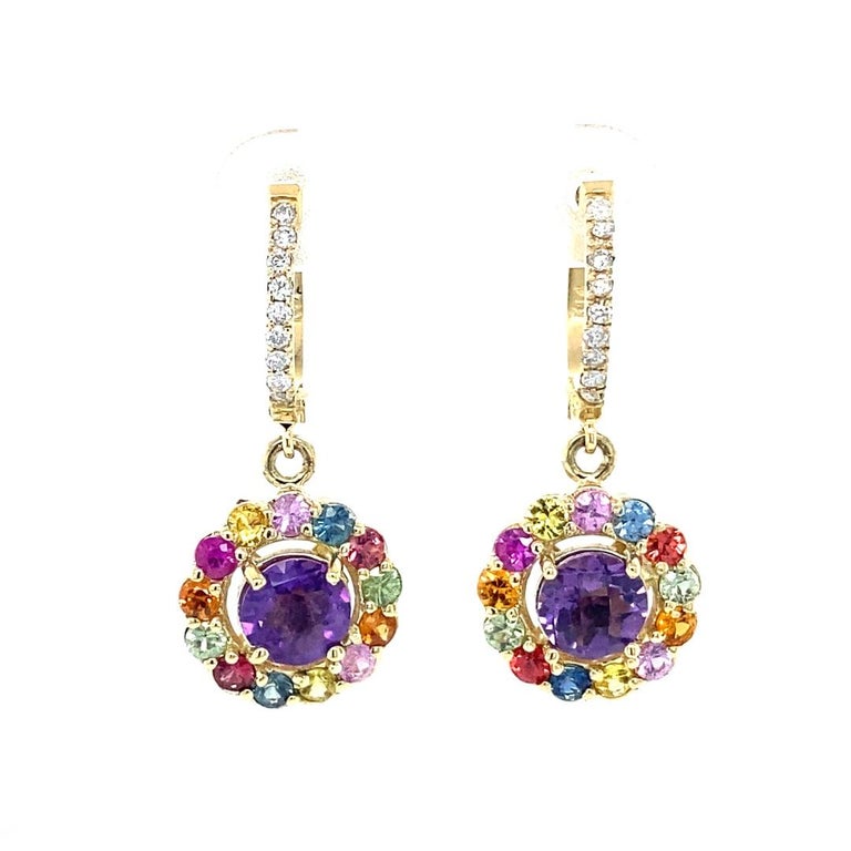 3.42 Carat Diamond, Amethyst, Sapphire Yellow Gold Drop Earrings