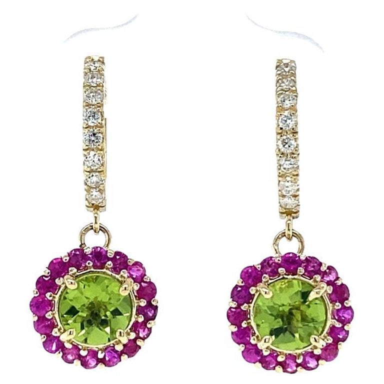 3.16 Ct Peridot, Sapphire, Diamond 14 Karat Yellow Gold Drop Earrings