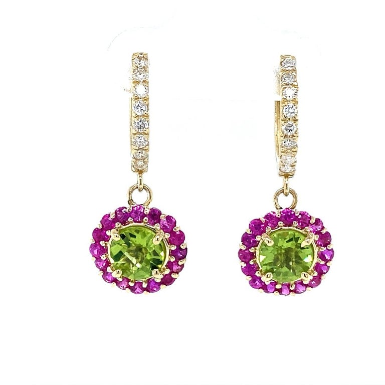 3.16 Ct Peridot, Sapphire, Diamond 14 Karat Yellow Gold Drop Earrings