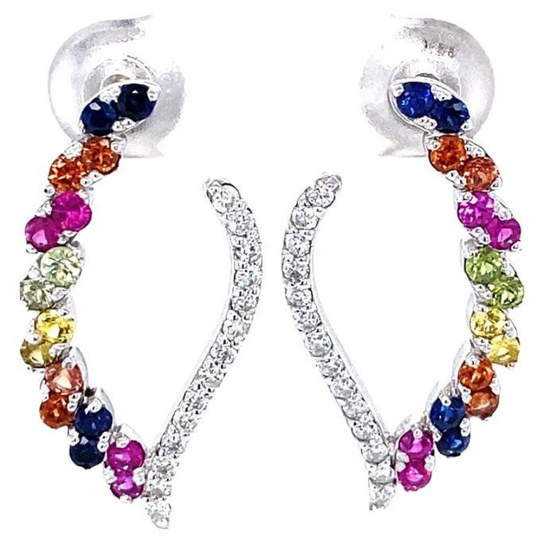 2.00 Ct Diamond, Multi Color Sapphire 14 Karat White Gold Earrings