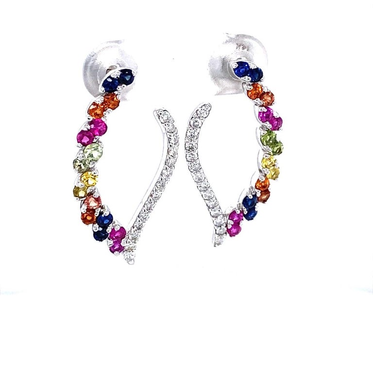 2.00 Ct Diamond, Multi Color Sapphire 14 Karat White Gold Earrings