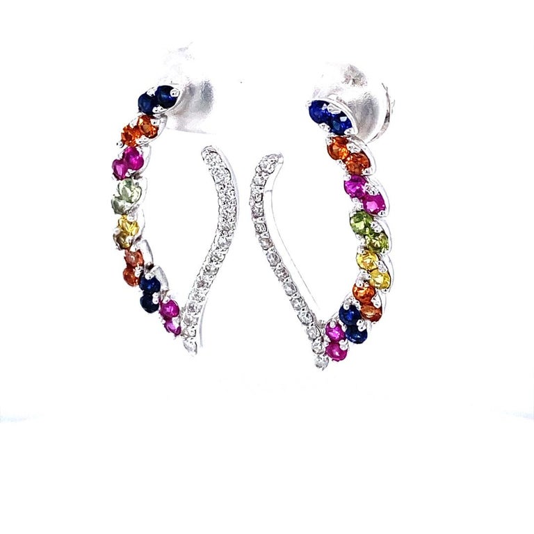 2.00 Ct Diamond, Multi Color Sapphire 14 Karat White Gold Earrings