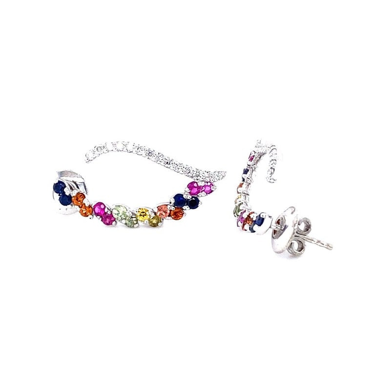 2.00 Ct Diamond, Multi Color Sapphire 14 Karat White Gold Earrings