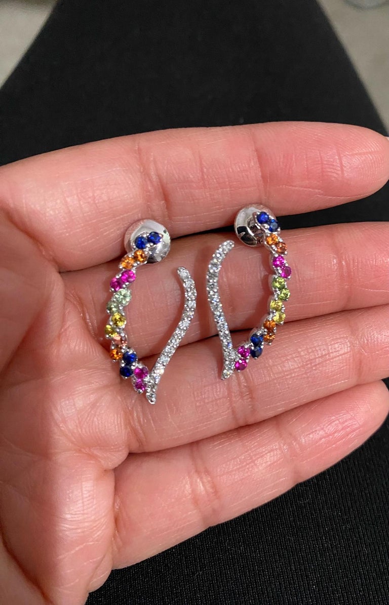 2.00 Ct Diamond, Multi Color Sapphire 14 Karat White Gold Earrings