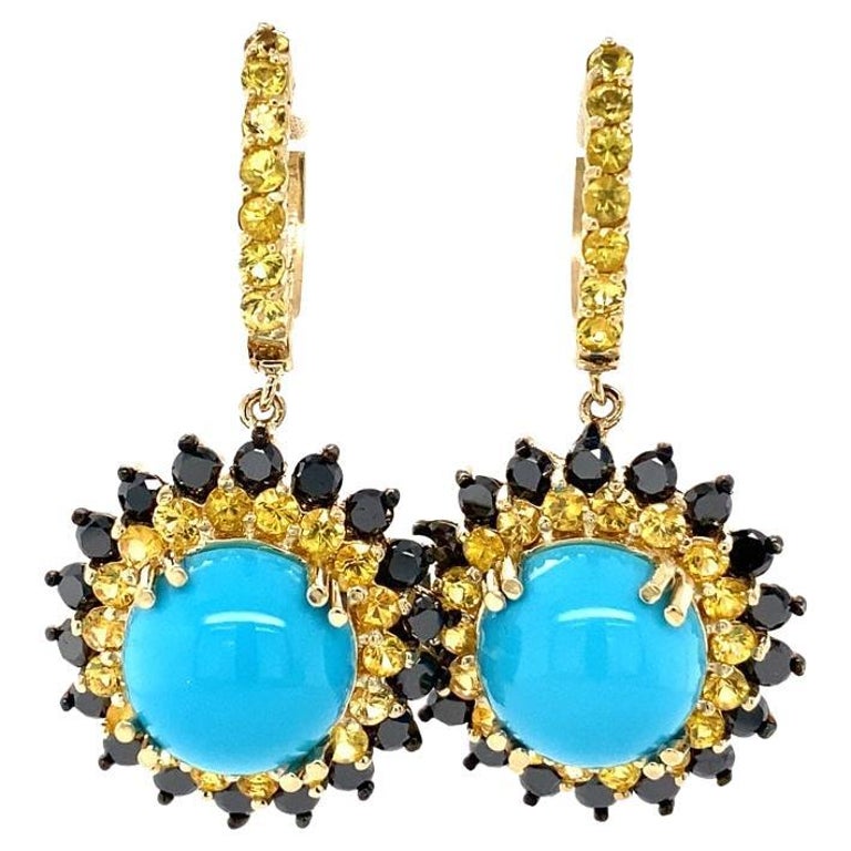 17.57 Ct Turquoise, Sapphire, Black Diamond 14 Karat Yellow Gold Earrings