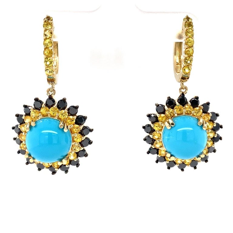 17.57 Ct Turquoise, Sapphire, Black Diamond 14 Karat Yellow Gold Earrings