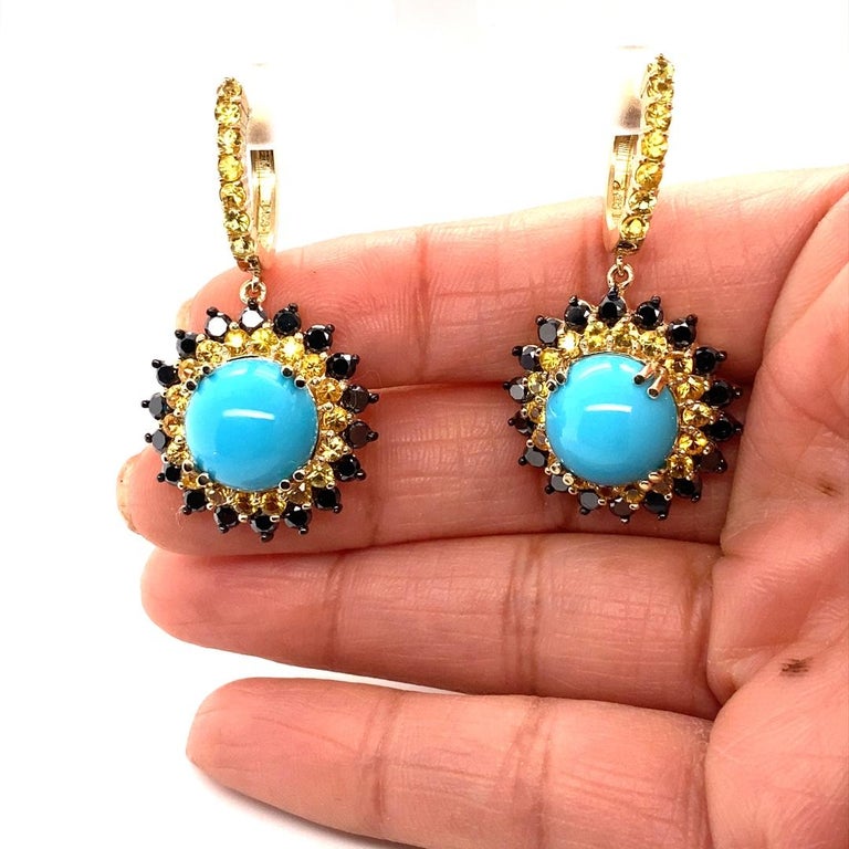 17.57 Ct Turquoise, Sapphire, Black Diamond 14 Karat Yellow Gold Earrings