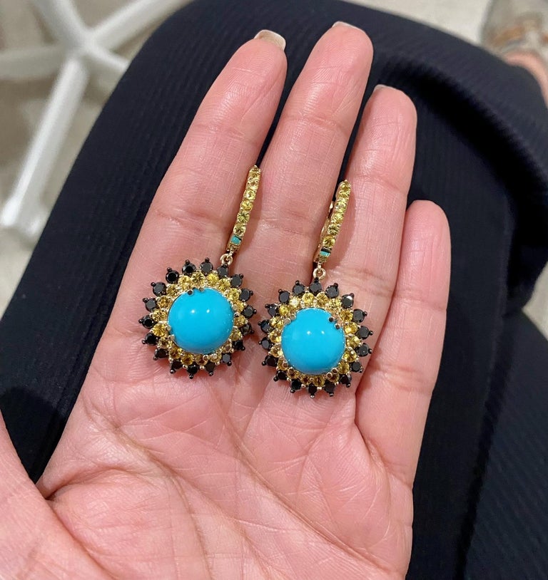 17.57 Ct Turquoise, Sapphire, Black Diamond 14 Karat Yellow Gold Earrings