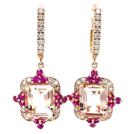 10.40 Ct Morganite, Diamond, Pink Sapphire 14 Karat Rose Gold Drop Earrings