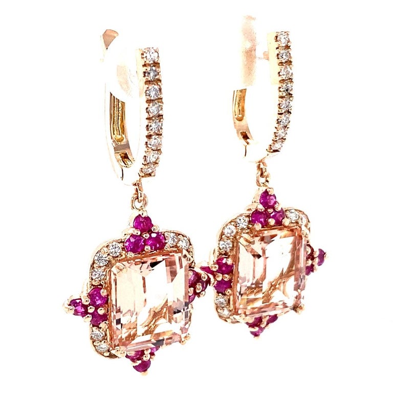 10.40 Ct Morganite, Diamond, Pink Sapphire 14 Karat Rose Gold Drop Earrings