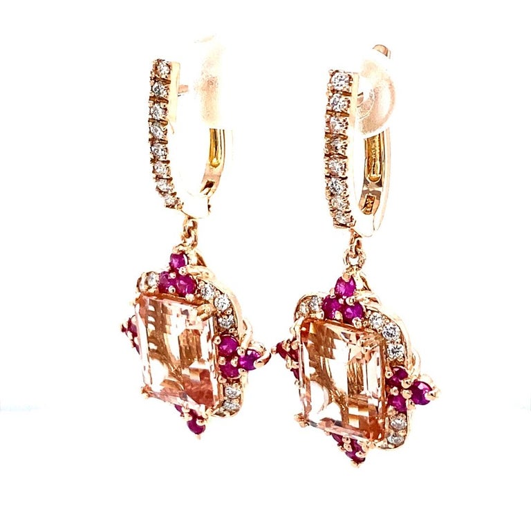 10.40 Ct Morganite, Diamond, Pink Sapphire 14 Karat Rose Gold Drop Earrings