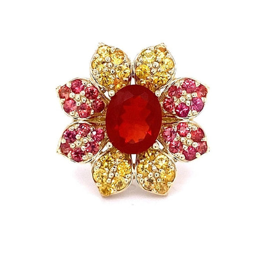 4.90 Carat Fire Opal Sapphire Yellow Gold Cocktail Ring