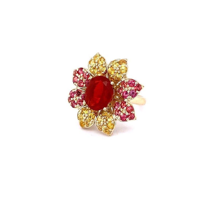 4.90 Carat Fire Opal Sapphire Yellow Gold Cocktail Ring