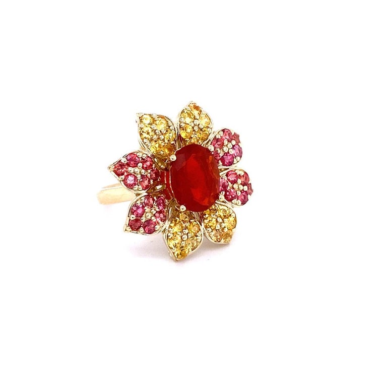 4.90 Carat Fire Opal Sapphire Yellow Gold Cocktail Ring