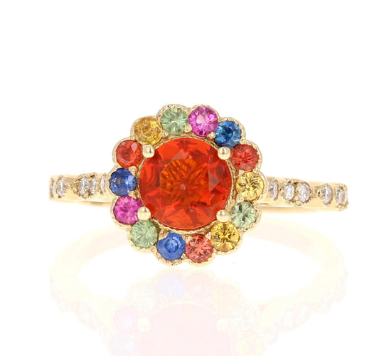 1.22 Carat Fire Opal Sapphire Diamond Yellow Gold Ring