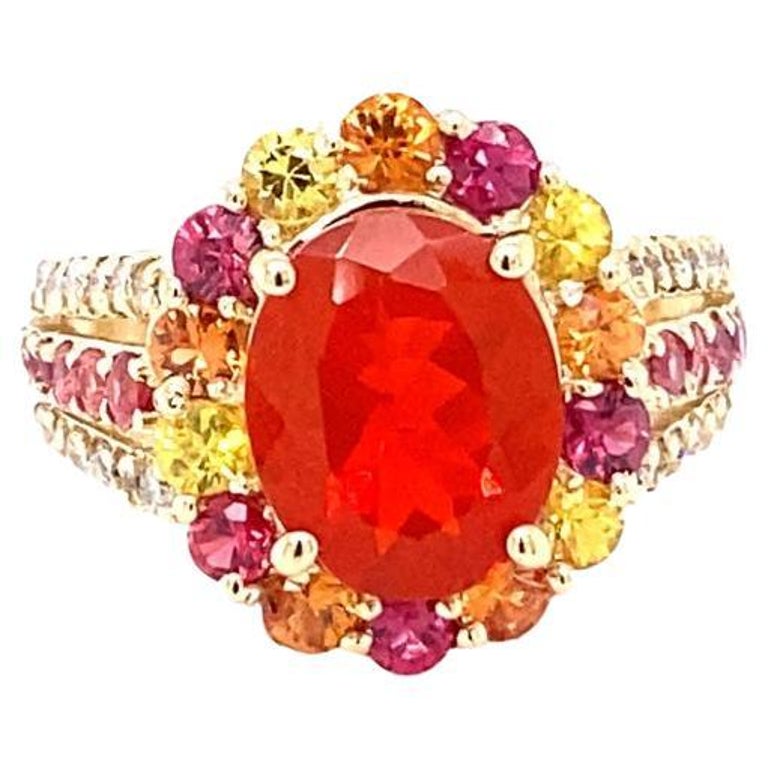 4.29 Carat Fire Opal Sapphire Diamond Yellow Gold Cocktail Ring