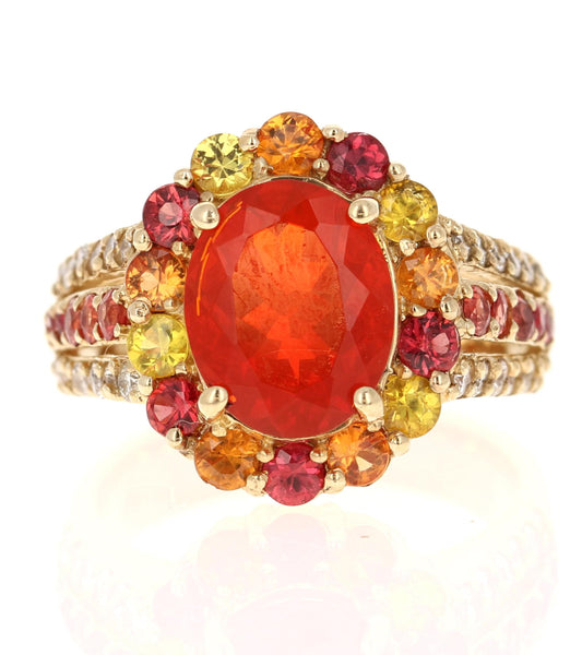 4.29 Carat Oval Cut Fire Opal Sapphire Diamond Yellow Gold Cocktail Ring