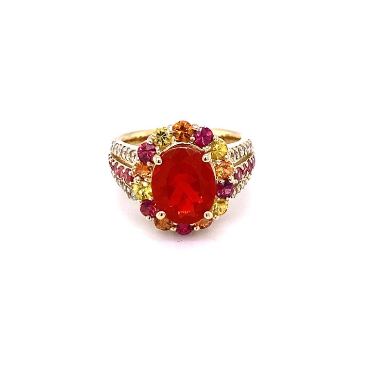 4.29 Carat Fire Opal Sapphire Diamond Yellow Gold Cocktail Ring