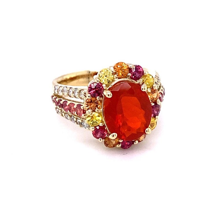 4.29 Carat Fire Opal Sapphire Diamond Yellow Gold Cocktail Ring