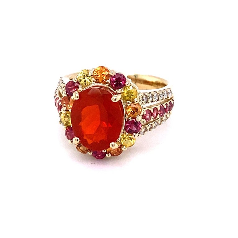 4.29 Carat Fire Opal Sapphire Diamond Yellow Gold Cocktail Ring