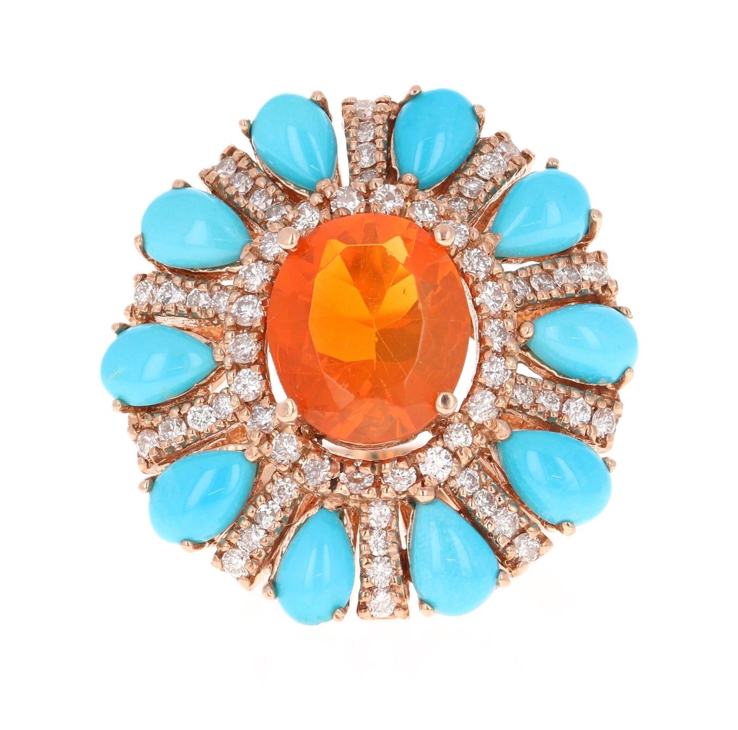 6.72 Carat Fire Opal, Turquoise, Diamond 14 Karat Rose Gold Cocktail Ring