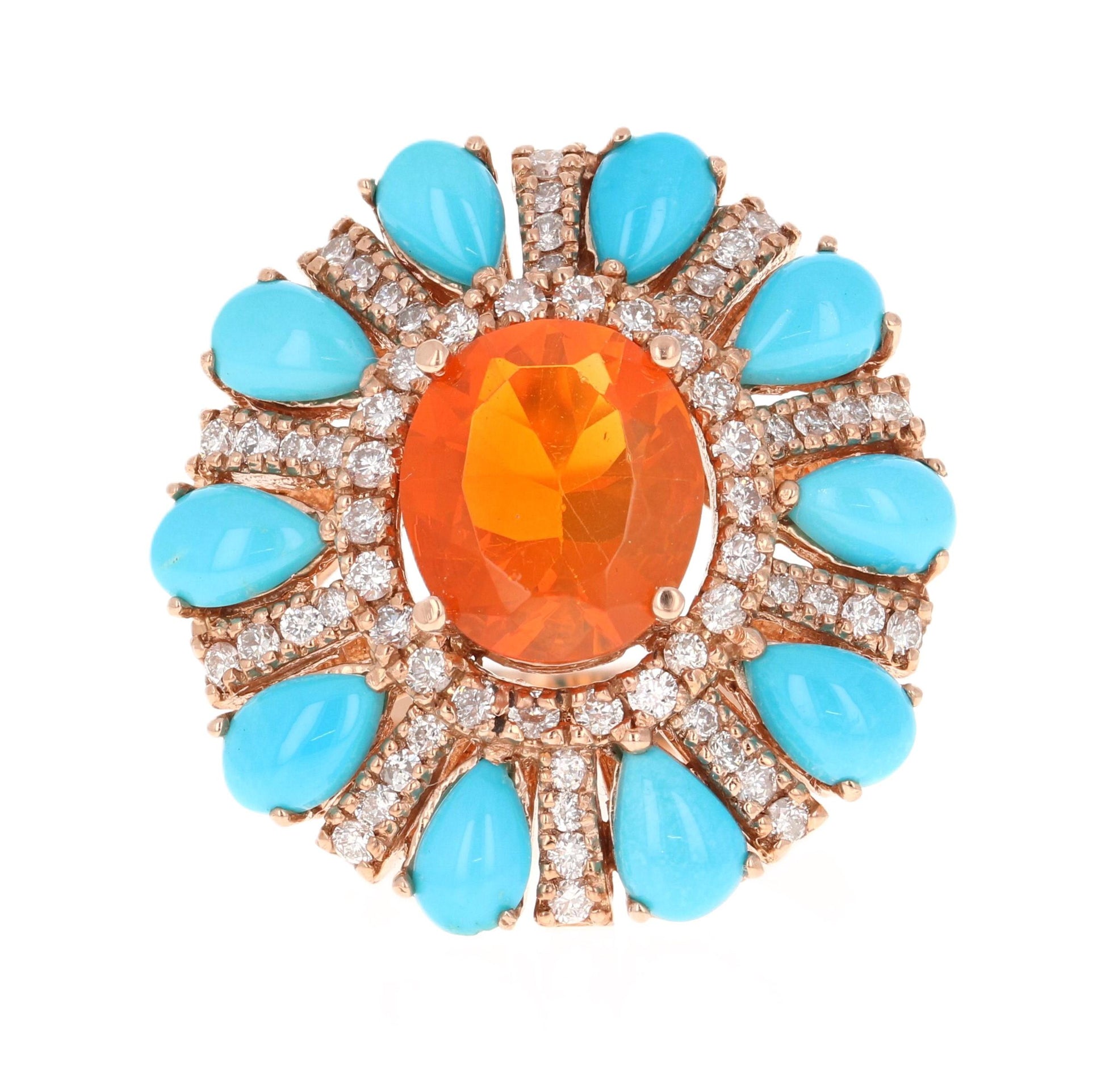 6.72 Carat Fire Opal, Turquoise, Diamond 14 Karat Rose Gold Cocktail Ring