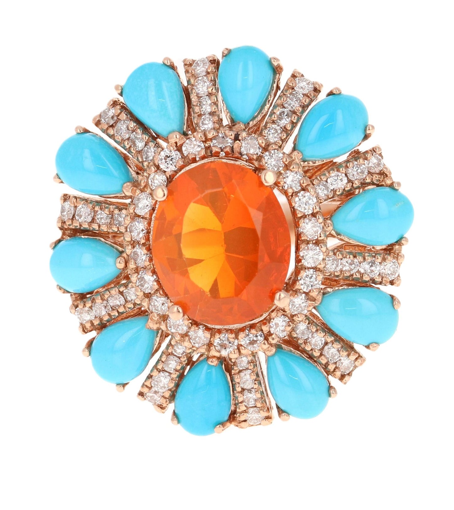 6.72 Carat Fire Opal, Turquoise, Diamond 14 Karat Rose Gold Cocktail Ring