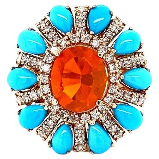 6.72 Carat Fire Opal, Turquoise, Diamond 14 Karat Rose Gold Cocktail Ring