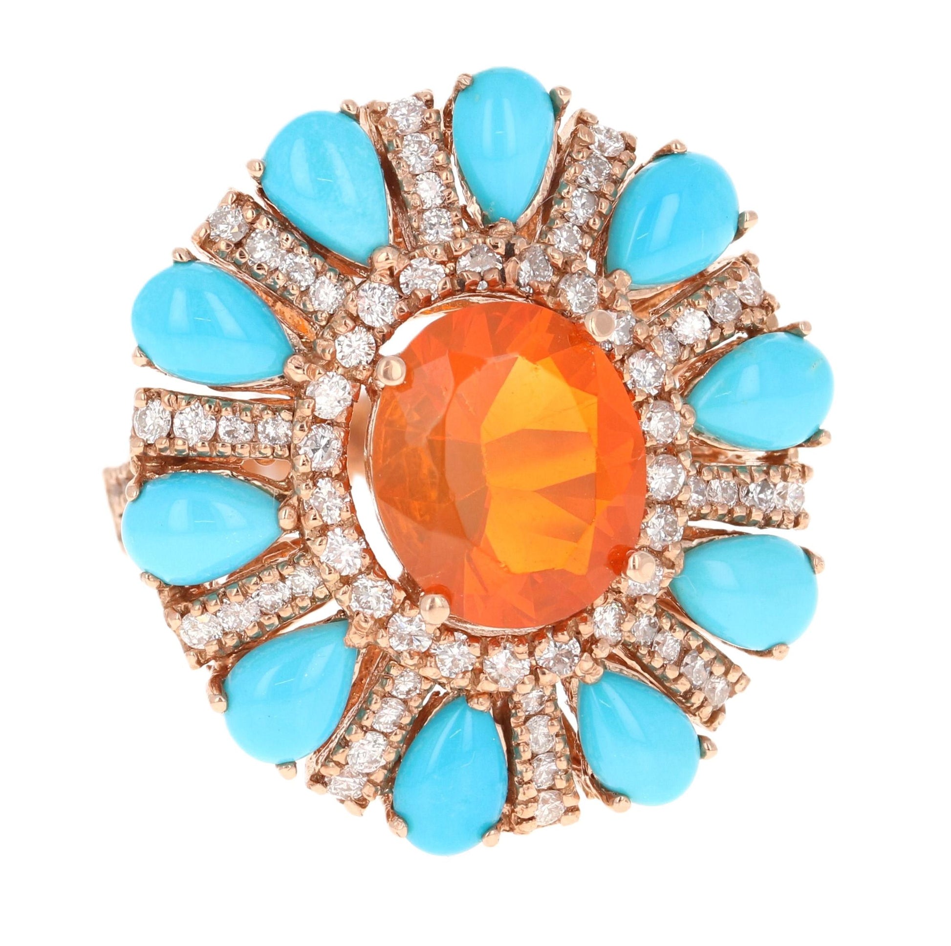 6.72 Carat Fire Opal, Turquoise, Diamond 14 Karat Rose Gold Cocktail Ring