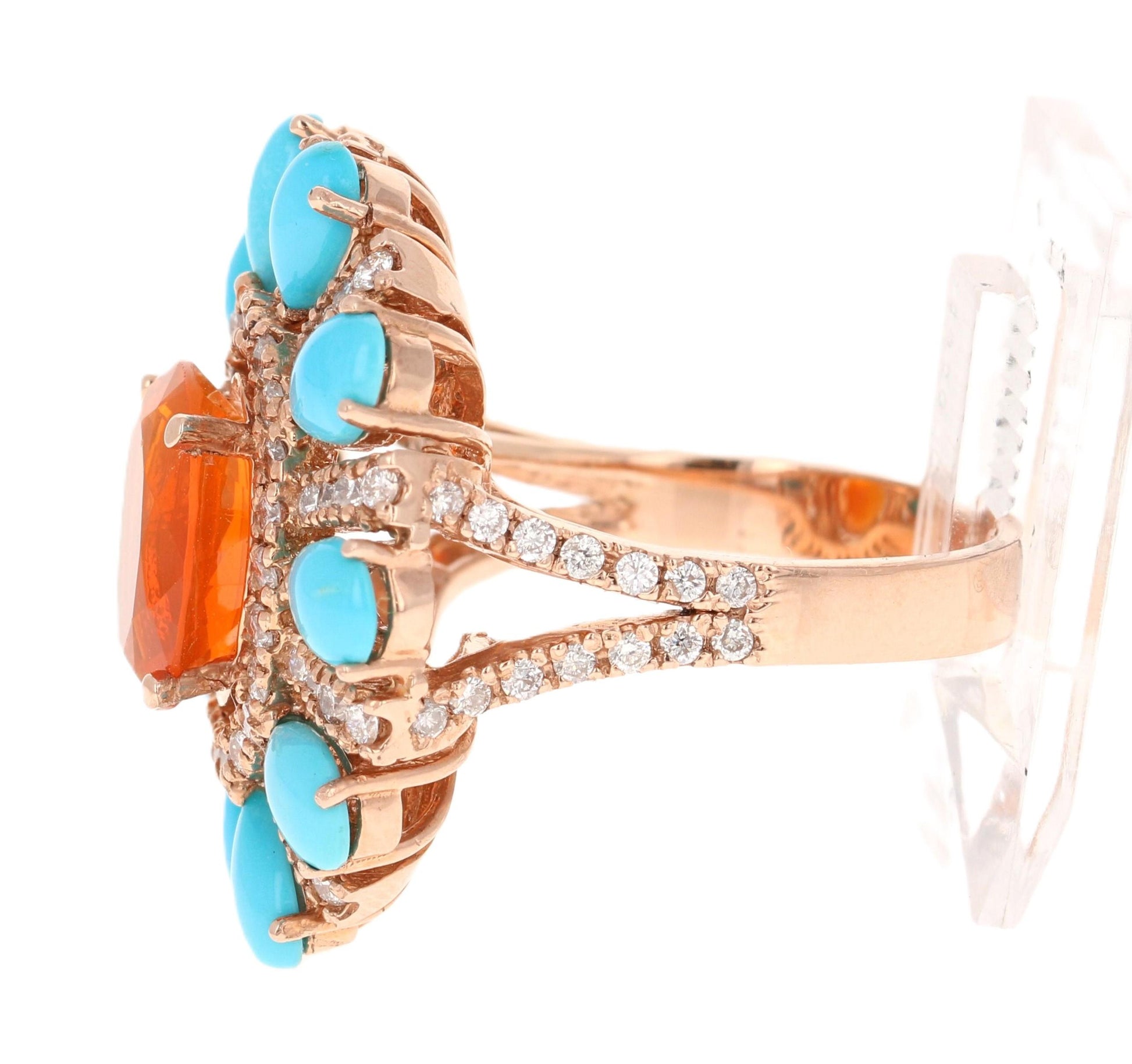 6.72 Carat Fire Opal, Turquoise, Diamond 14 Karat Rose Gold Cocktail Ring