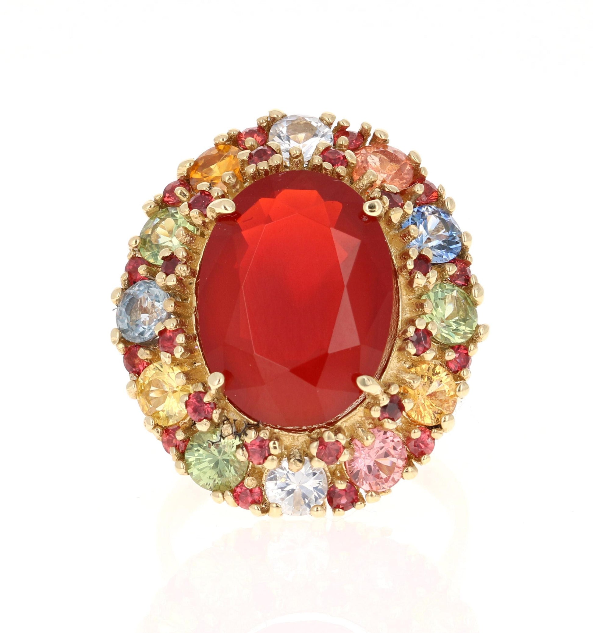 9.61 Carat Natural Fire Opal Multi Color Sapphire Yellow Gold Ring