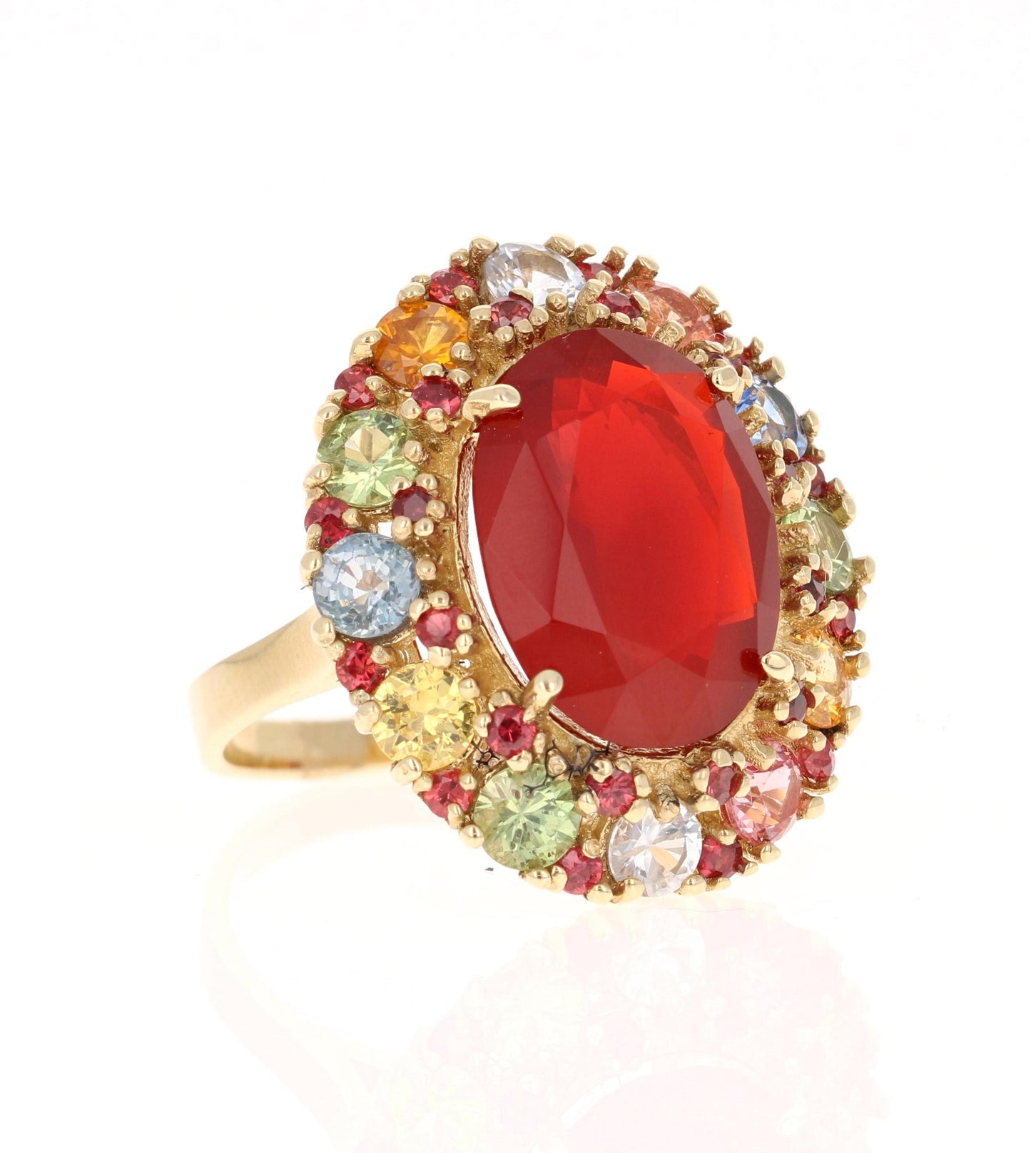 9.61 Carat Natural Fire Opal Multi Color Sapphire Yellow Gold Ring