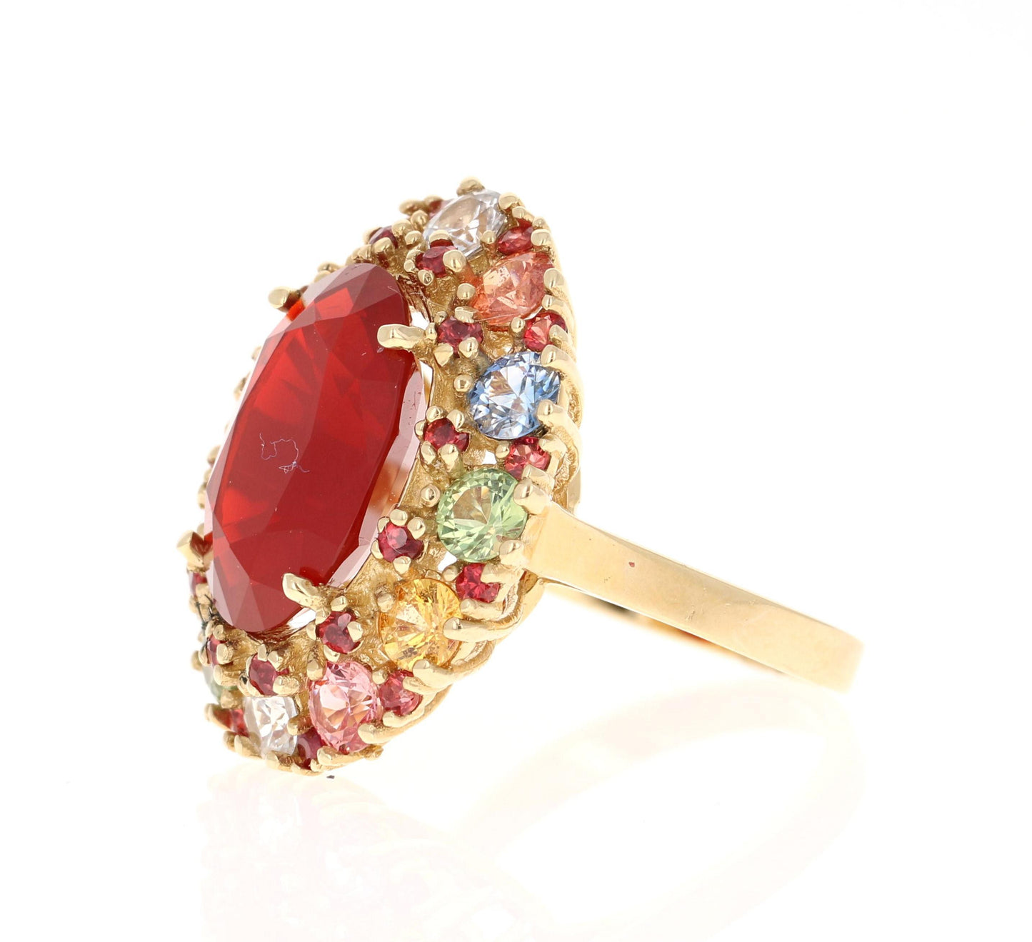 9.61 Carat Natural Fire Opal Multi Color Sapphire Yellow Gold Ring