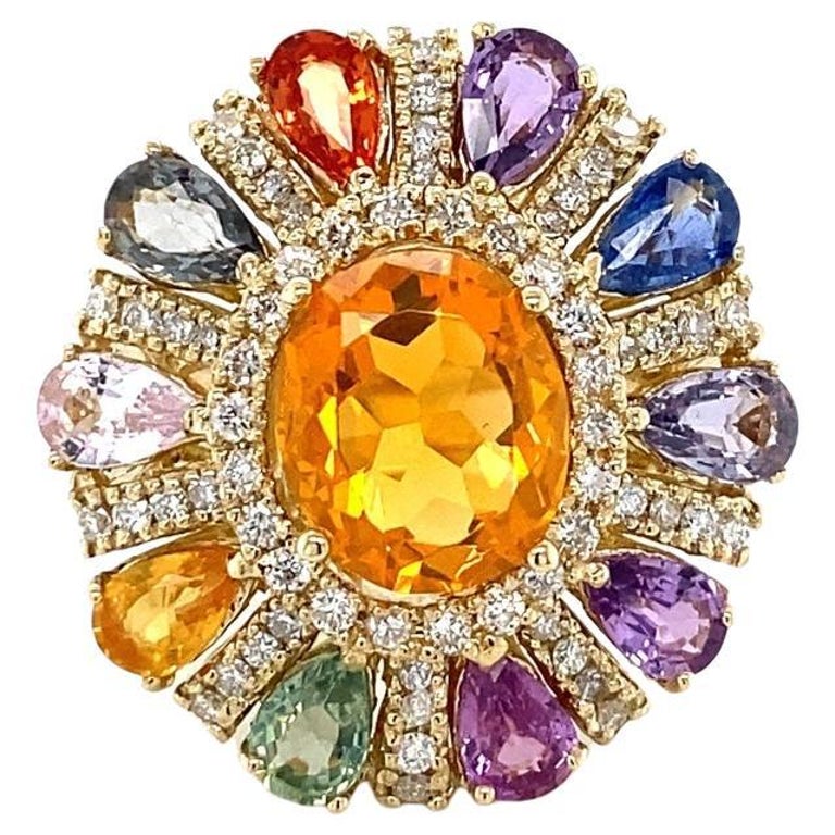 7.98 Carat Natural Fire Opal Sapphire Diamond Yellow Gold Cocktail Ring