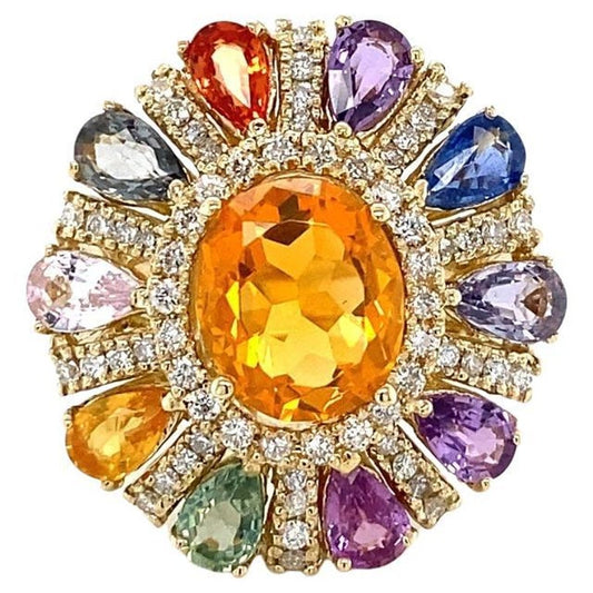 7.98 Carat Natural Fire Opal Sapphire Diamond Yellow Gold Cocktail Ring