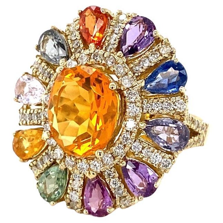 7.98 Carat Natural Fire Opal Sapphire Diamond Yellow Gold Cocktail Ring